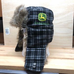John Deere Trapper Hat Cap Mens OSFM Hunting Faux Fur Plaid Black Winter